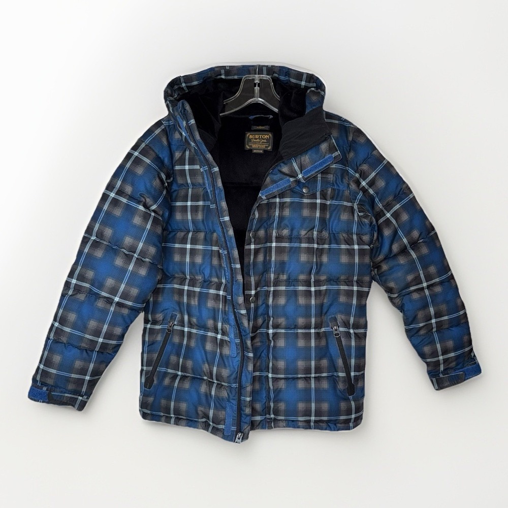 Burton DryRide Boys Jacket Medium Blue Plaid Hooded Insulated Ski Snow Coat Warm